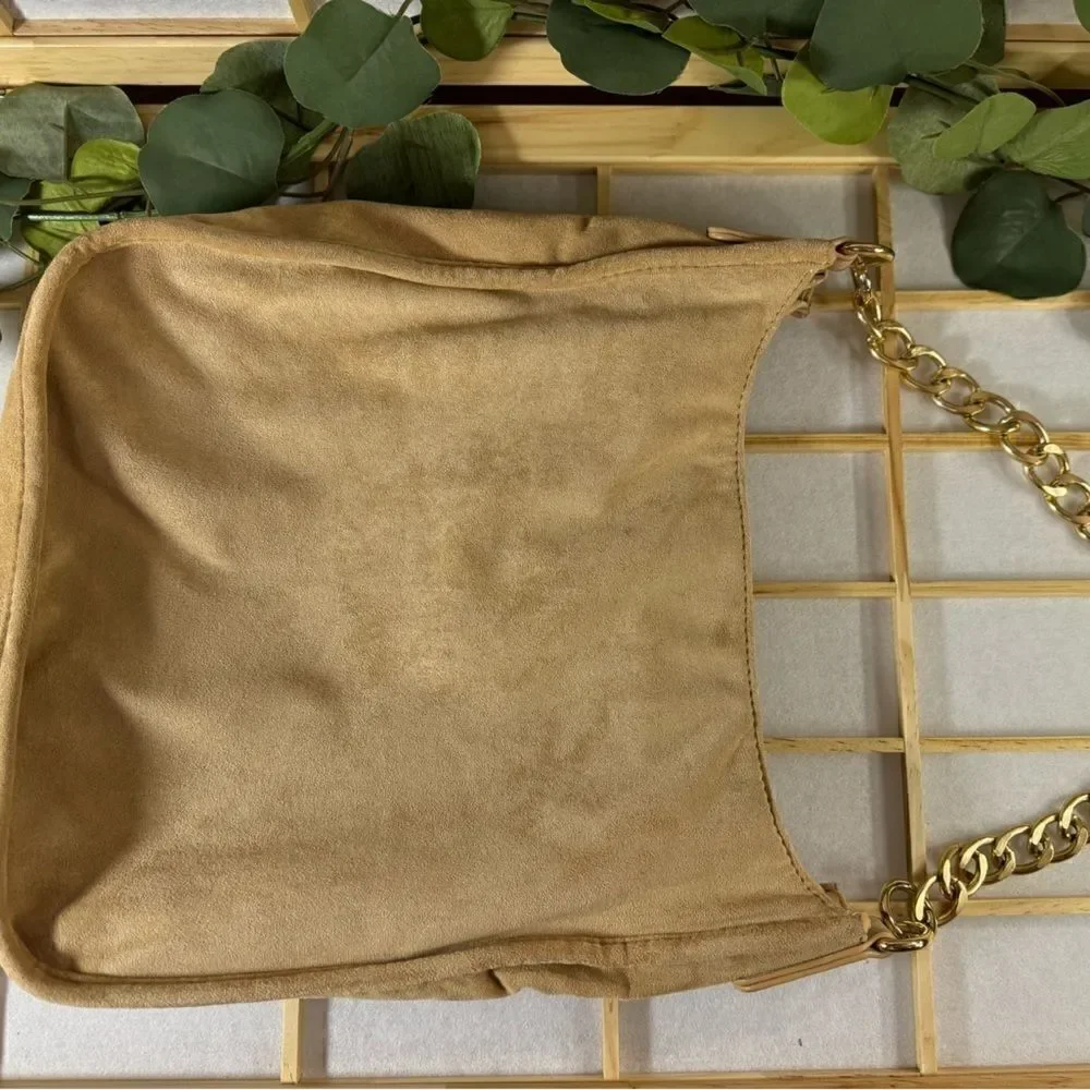 AH DORNED women’s tan brown suede shoulder bag and gold link chain strap